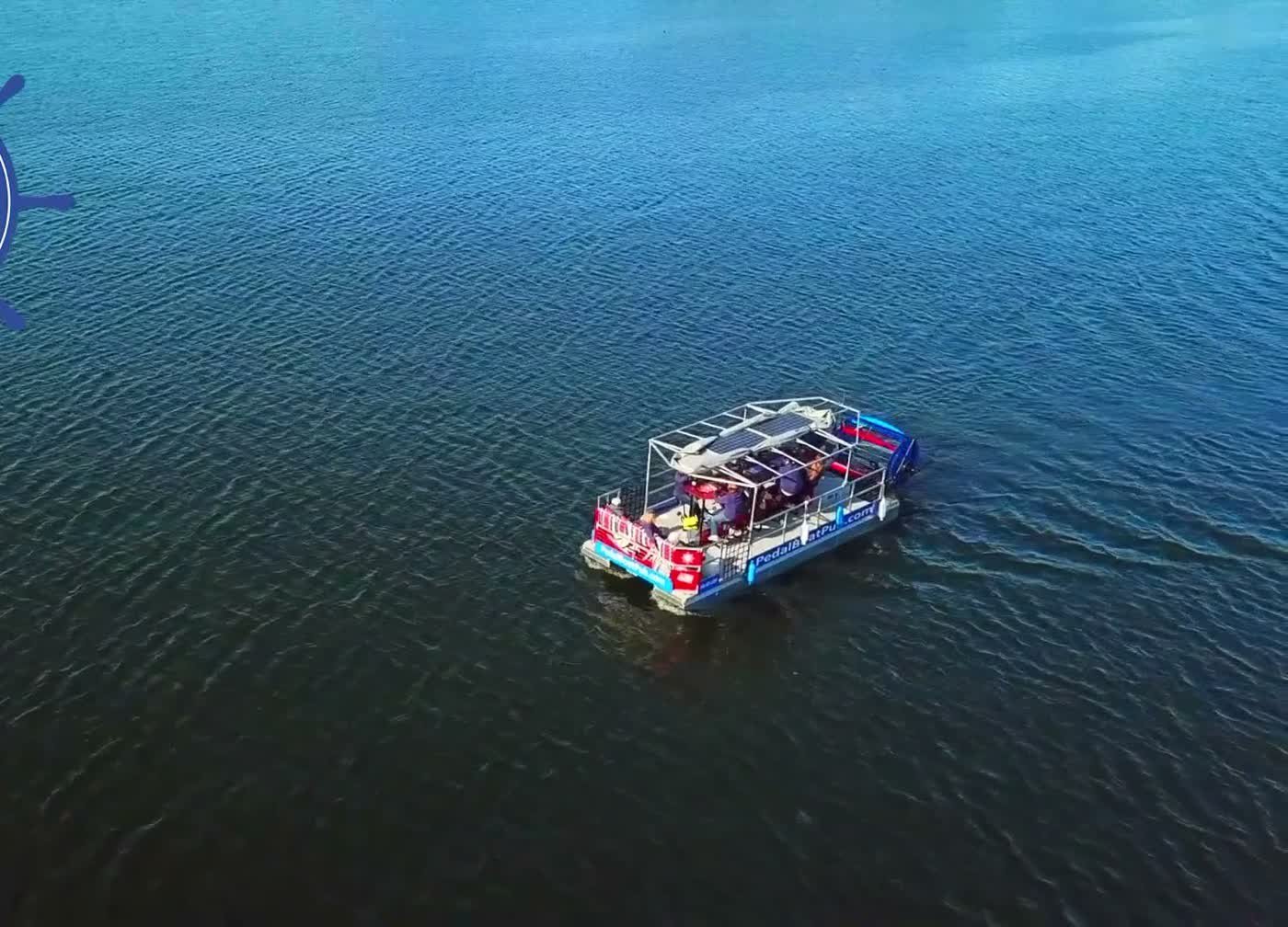 The Pedal Boat Pub from above, crossing Lake Orion